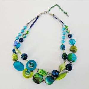 Chunky Double Strand Art Glass Blue Silver Accent Beaded Statement Bib Necklace